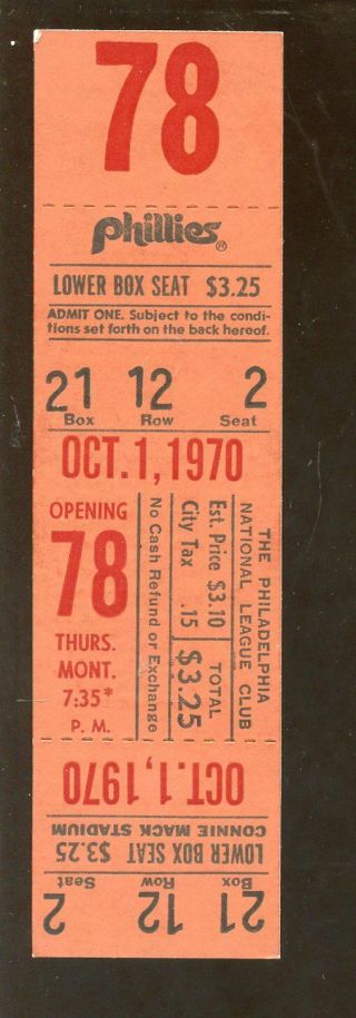 10 - 1 - 1970 Full Ticket Last Game Connie Mack Stadium Philadelphia Phillies Nrmt