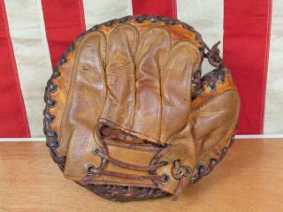 Vintage 1930s Baseball Glove Leather Catchers Mitt 2 - Tone Antique Great Display