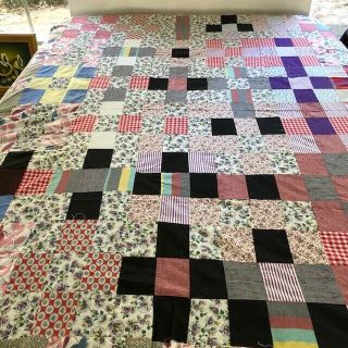 Vintage All Cotton,  Some Feed Sack " Disorganized " Nine Patch Quilt Top 76 " X 68 "