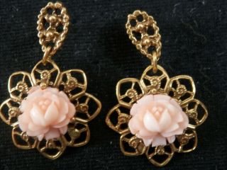 Vintage Pink Rose Earrings,  Pierced,  Gold Tone,