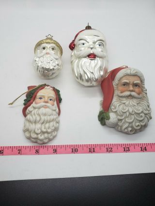 4 Vintage Santa Claus Head Christmas Ornaments Painted Glass Porcelain Mercury