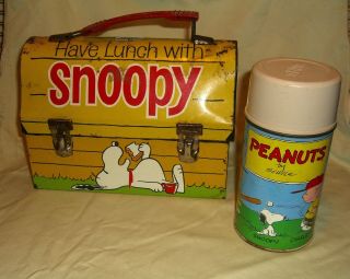Vintage 1968 Have Lunch With Snoopy Metal Dome Lunch Box With Peanuts Thermos