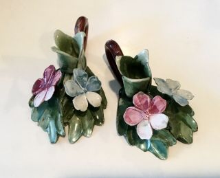 Pair Vintage Capodimonte Italy Porcelain Flowers Pink Blue Candle Holder