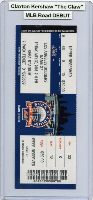 Clayton Kershaw Mlb Road Debut 2008 Dodgers @ Mets 5/30 Full Ticket Shea Stadium