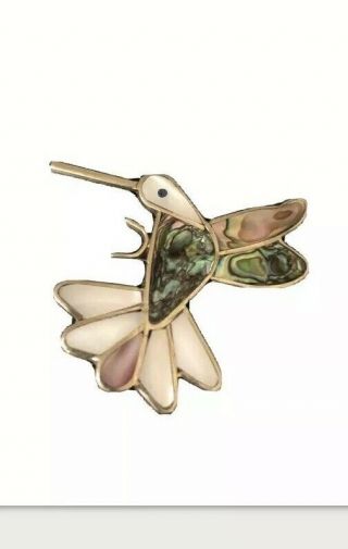 Vtg Mexico Alpaca Silver Abalone Mother Of Pearl Hummingbird Pendant Pin Brooch