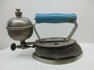 Vintage Blue Wood Handled Coleman Fuel Cast Iron Clothing Iron Steampunk Decor