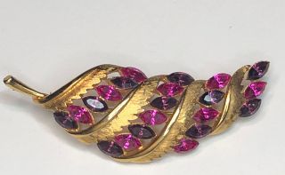 Vintage Signed Jj Gold Tone Pink & Purple Rhinestone Flower Leaf Brooch
