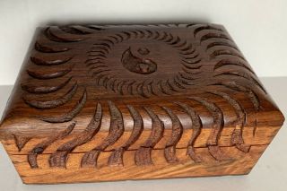 Vintage Yin Yang Small Wooden Hand Carved Trinket Box India 6”x4”x2.  5”