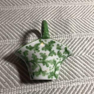 Vintage Miniature Green Floral Ceramic Basket Dollhouse Shadowbox Trinket