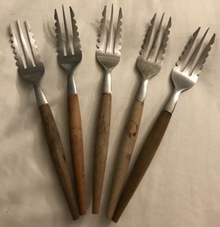 Vintage Serrated Tong Forks With Wood Handles - Stainless Japan - Set Of 5