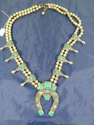 Vintage 1960s Sancrest Squash Blossom Necklace Faux Turquoise " Silvertone " Read