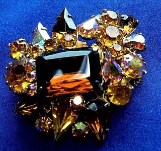 Vintage Jewellery Sparkling Amber Ab Rhinestone Domed Brooch Pin Prong Set