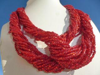 Absolutely Gorgeous Vintage Small Red Beaded Glass 32 Strand Necklace