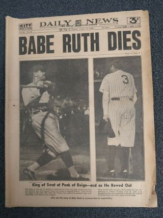 Babe Ruth Death - Yankees - Baseball - 1948 York Daily News Newspaper