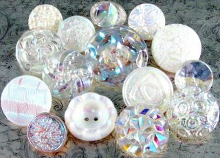 15 Vintage Clear & White Glass Buttons W/ Aurora Luster,  Incl Sew Thru,  Faceted