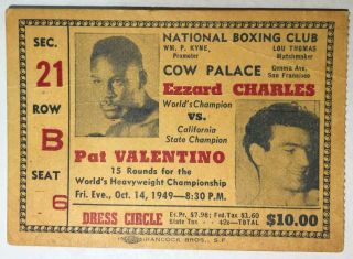 1949 National Boxing Club Ticket Ezzard Charles V.  Pat Valentino - Cow Palace Sf
