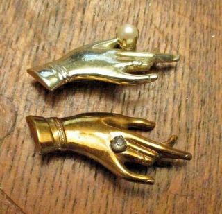 2 Vintage Hand Brooch Pins Rhinestone/faux Pearl