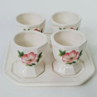 Set Of 4 Vintage Egg Cups With Tray Pink Flowers Peony