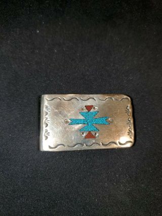 Vintage Southwestern Sterling Silver Money Clip With Turquoise And Red Coral