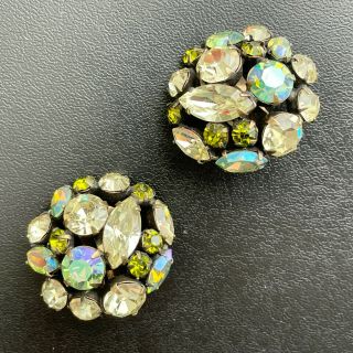 Unsigned Regency Vintage Yellow Green Ab Rhinestone Flower Clip Earrings 400