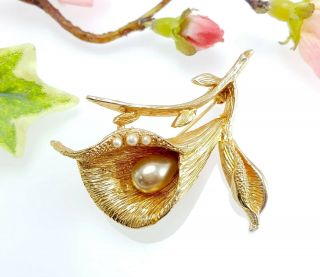 Vintage Gold Tone Lily Flower Brooch With Faux Pearls,  Signed Exquisite