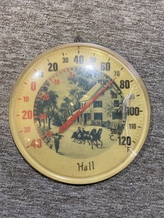 Vintage Holiday Christmas Outdoor Thermometer Sleigh Horses Hall