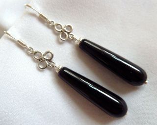 Vintage Art Deco Sterling Silver Black Onyx Drop Earrings