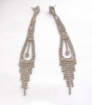 Vintage Huge Art Deco Style Silver Tone Clear Glass Crystal Tassel Earrings