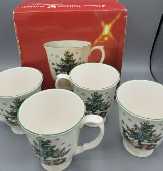 Vintage Happy Holidays Nikko Christmas Tree Coffee Mugs Set Of 4 Box