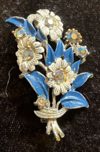 Vintage 1930s Enamel And Gemstone Blue Flower Brooch Irridescent Silver Tone