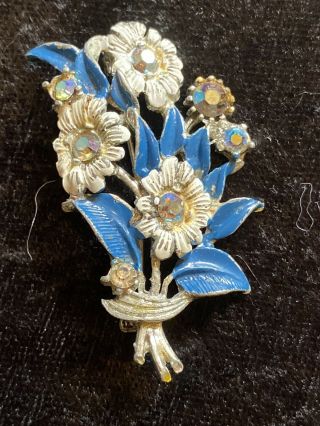 Vintage 1930s Enamel And Gemstone Blue Flower Brooch Irridescent Silver Tone 2