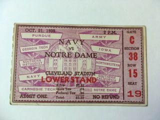 Vtg Oct 21 1939 Navy Vs Notre Dame Football Game Ticket Stub
