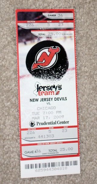 2009 Nj Devils Martin Brodeur 552 All Time Wins Ticket 3/17/09 Roy Record 552nd