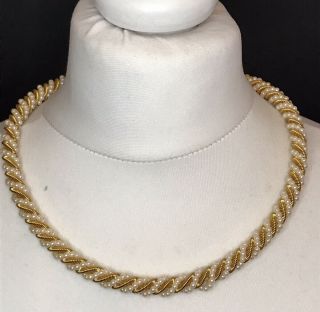Vintage Faux Seed Pearl & Gold Tone Serpentine Chain Twist Rope Necklace 18 - 20”