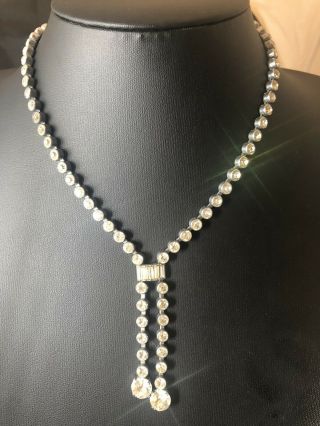 Vintage Art Deco Crystal Rhinestone Necklace Bar Drop Gatsby Statement Evening