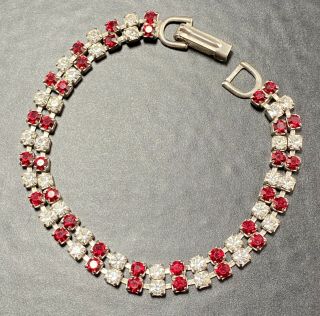Vintage Bracelet 7” Red Crystal Rhinestones Silver Tone Lot1