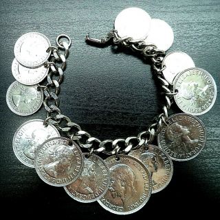 Stunning Vintage Estate Silver Tone Coins 7 " Bracelet 6349e