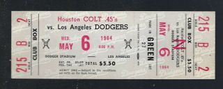 Vintage 1964 Mlb Houston Colt 45s @ La Dodgers Baseball Full Ticket May 6