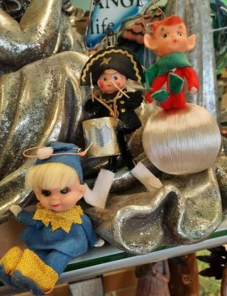2 Vintage Christmas Elves Plus Drummer Boy Ornaments Felt