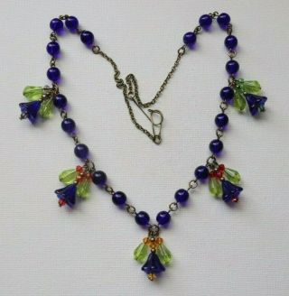 Vintage Art Deco Style Blue/green Bell Flower Beaded Glass Necklace