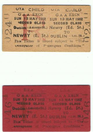 Railway Tickets Ireland,  2 No Uta,  Pair,  Gaa Excursions Newry To Belfast,  1962