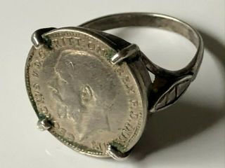 Vintage 1921 Art Deco King George 5th Sterling Silver Coin Sovereign Ring Sz L