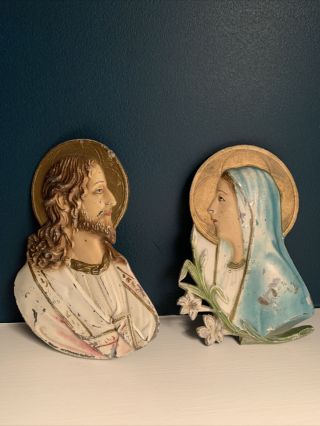 Vintage Set Of 2 Cast Metal Wall Hanging Plaques Jesus Christ And Mary 6 " Usa