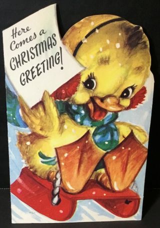 Vtg 1951 Rust Craft Diecut Christmas Card Adorable Duck Red Ear Muffs On Sled