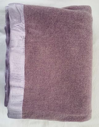 Vintage Wool Blanket Lavender 69x58 Satin Trim Soft Warm Light Medium Weight
