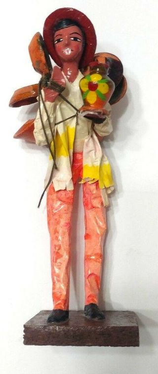 Vtg Peasant Figurine Hand - Painted Papier - Mache Statue Mexican Hispanic Antique
