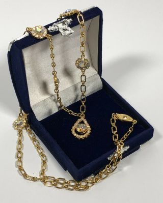 Vintage Necklace Gold Tone & Aurora Borealis Crystals Teardrop Pendant Sparkly