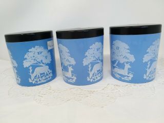 3 X True Vintage 1960s Blue White Storage Jars Plastic Deer Stag Retro Kitsch