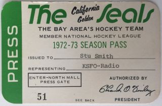 1972 - 73 California Golden Seals Press Pass Stu Smith Ksfo