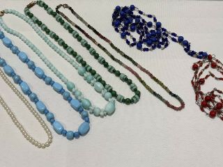 6 Old Vintage Glass Bead Necklaces And Some Pearls